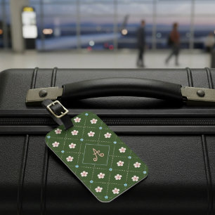 Étiquette À Bagage Jolie Fleur Rose Et Bleue Plantée Sur Vert Foncé