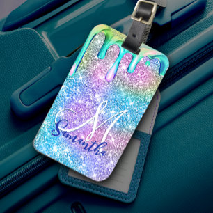 Étiquette À Bagage Jolie licorne bleu parties scintillant rose goutte