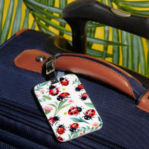 Étiquette À Bagage Jolies coccinelles et motif fleurs blanc