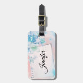 Étiquette À Bagage Jolies fleurs bleues sur Arrière - plan rose (Devant Vertical)