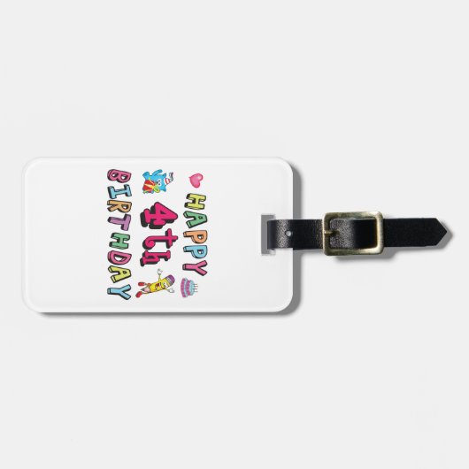 Étiquette À Bagage Joyeux 4e anniversaire. 4 ans b-jour. (Devant horizontal)