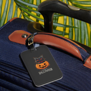 Étiquette À Bagage Joyeux Halloween Chat Noir Design de Citrouille_1