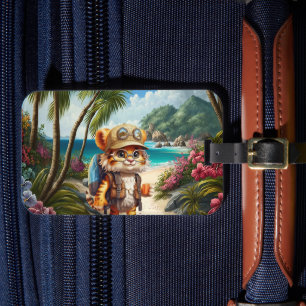 Étiquette À Bagage Joyeux Tiger Cub avec sac à dos et café