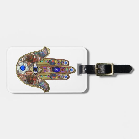 Étiquette À Bagage Judaica Hamsa Coeurs Fleurs Opal Art Imprimer (Devant horizontal)