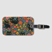 Étiquette À Bagage Kawaii Garden Art | Cute Black Cat Floral Pattern (Devant Horizontal)