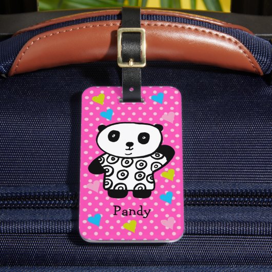 Étiquette À Bagage Kawaii Panda Ours Rose Girly Polka Coeurs Dot (Insitu Rectoal 2)