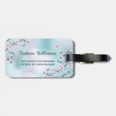 Étiquette À Bagage Kokeshi Poupée Cerisier Fleurs rose Turquoise (Dos horizontal)