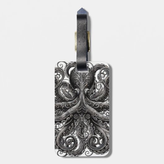 Étiquette À Bagage Kraken Steampunk Octopus Ornate Black (Dos Vertical)