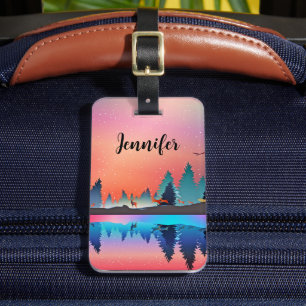 Étiquette À Bagage Lac d'hiver pittoresque avec Cerf