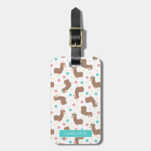 Étiquette À Bagage Lamas et fleurs pelucheux - nom fait sur commande (Devant Vertical)
