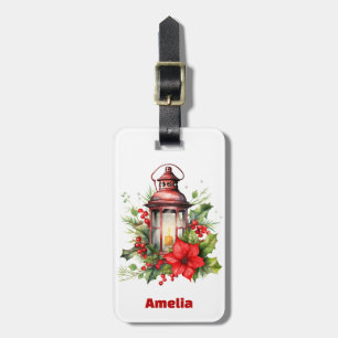 Étiquette À Bagage Lanterne rouge de Noël Poinsettia et pin
