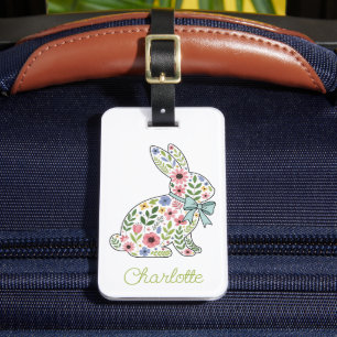 Étiquette À Bagage Lapin de printemps aux fleurs sauvages roses et bl