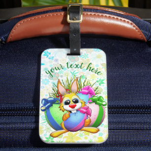 Étiquette À Bagage Lapin drôle mordant un œuf de Pâques
