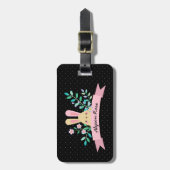 Étiquette À Bagage Lapin Floral | Rose et noir | Nom personnalisé (Devant Vertical)