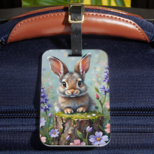 Étiquette À Bagage Lapin Fluffy dans un champ de fleurs