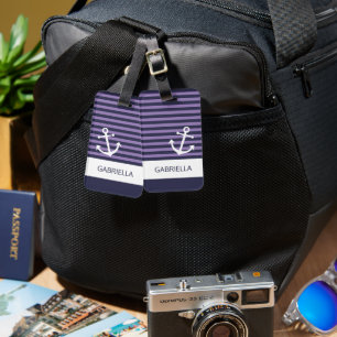 Étiquette À Bagage Lavande Nautique Personnalisée Motif à rayures vio
