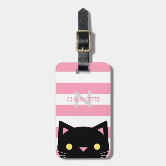Étiquette À Bagage Le chat noir curieux | barre le monogramme de | (Devant Vertical)