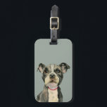 Étiquette À Bagage Le chien de pitbull avec le chiot observe la<br><div class="desc">C'est une peinture d'aquarelle d'un chiot noir et blanc de pitbull. C'est une fin du chien avec de grands yeux de regard pleins d'espoir.</div>