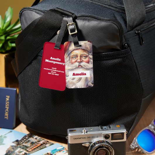 Étiquette À Bagage Le Père Noël rétro dans un Noël Casquette rouge (Recto & Verso)