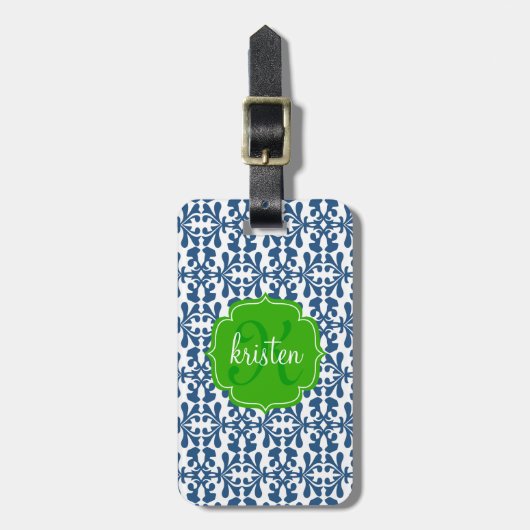 Étiquette À Bagage Le vert moderne bleu arabesque de Damask (Devant Vertical)