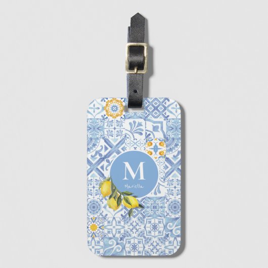 Étiquette À Bagage Lemon fruit monogram, blue tile (Devant Vertical)
