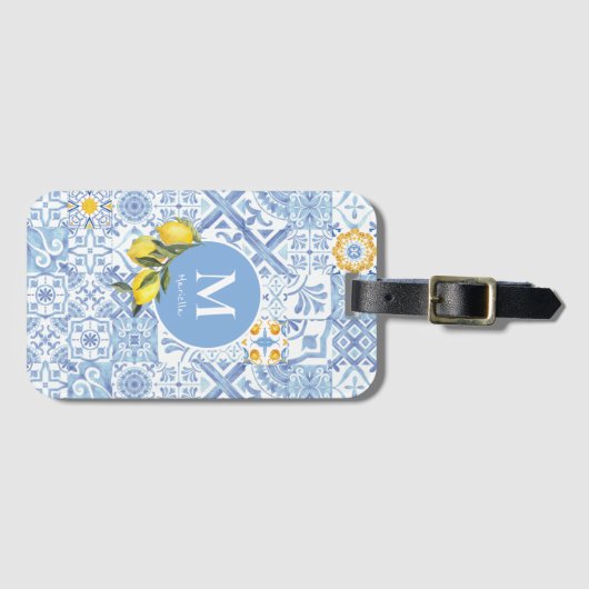 Étiquette À Bagage Lemon fruit monogram, blue tile (Devant Horizontal)