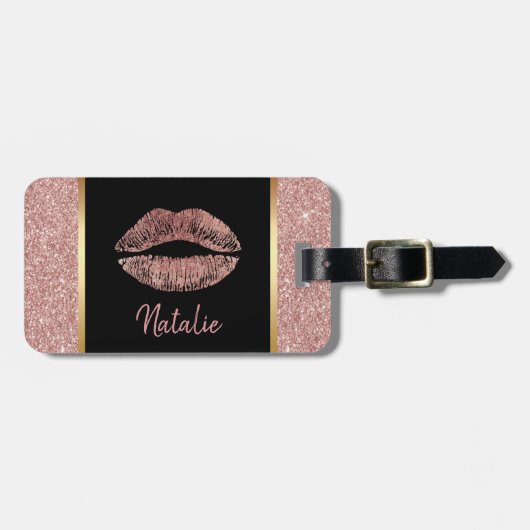 Étiquette À Bagage Les lèvres dorées Roses avec nom Parties scintilla (Devant horizontal)