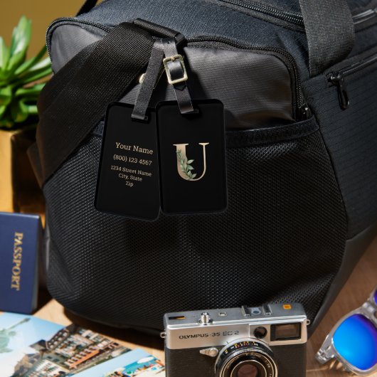 Étiquette À Bagage LETTRE D'OR MONOGRAPHIQUE BOtanique Élégante U (Recto & Verso)