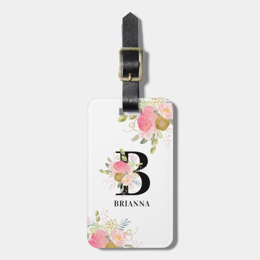 Étiquette À Bagage LETTRE Florale MONOGRAPHIQUE Bouquet rose et or (Devant Vertical)