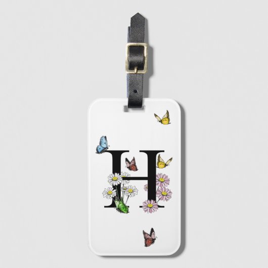Étiquette À Bagage Lettre H Floral Papillon Monogramme initial (Devant Vertical)