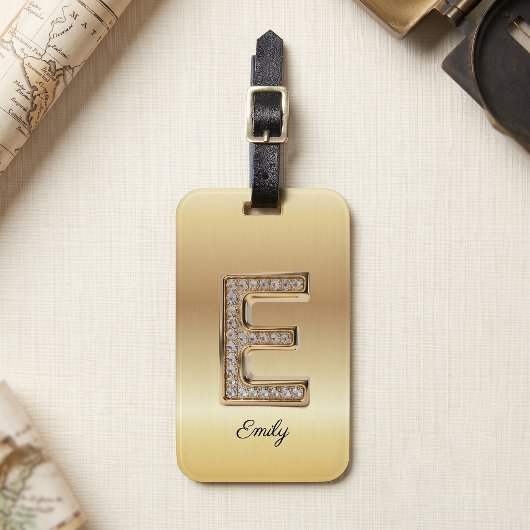 Étiquette À Bagage Lettre initiale E en diamant Monogramme Or Glam
