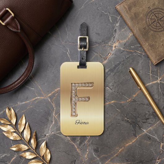 Étiquette À Bagage Lettre initiale F monogramme diamant Glam Gold
