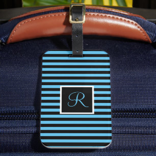 Étiquette À Bagage Lettre initiale mignonne moderne Bleu et Noir rayé