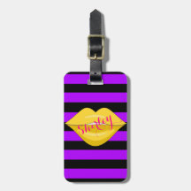 Lèvres baiser jaune violet rayures noir étiquette 