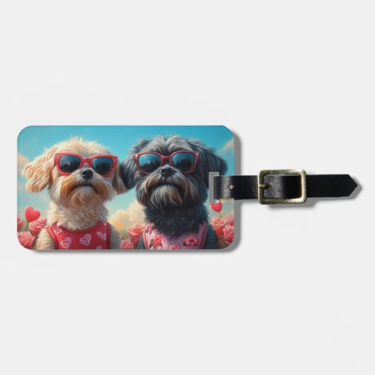 Étiquette À Bagage Lhasa Apso avec roses de la Saint-Valentin (Devant horizontal)