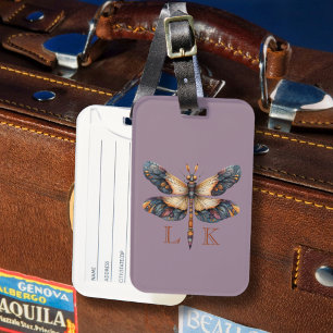Étiquette À Bagage Libellule élégante monogramme violet