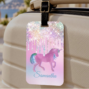 Étiquette À Bagage Licorne arc-en-ciel rose mignonne Gouttes de paill