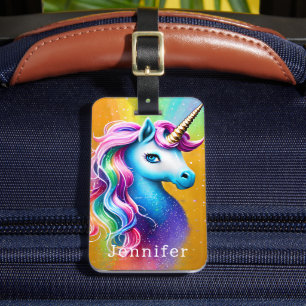 Étiquette À Bagage Licorne Arc-en-Ciel Vibrant et Paillettes Fausse
