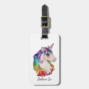 Étiquette À Bagage Licorne d'aquarelle avec des cheveux d'arc-en-ciel