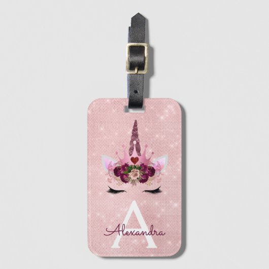Étiquette À Bagage Licorne Rose Princesse Étincelante Monogramme Nom (Devant Vertical)