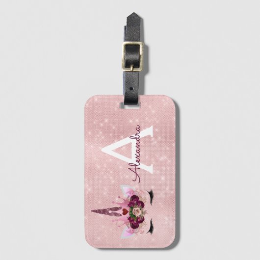Étiquette À Bagage Licorne Rose Princesse Monogramme Nom (Devant Vertical)