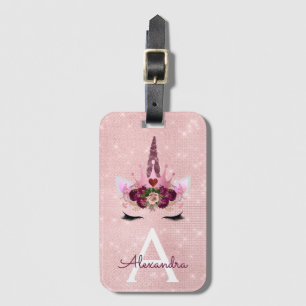 Étiquette À Bagage Licorne Rose Princesse Monogramme Nom Étincelant