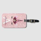 Étiquette À Bagage Licorne Rose Princesse Pailletée Monogramme Nom (Devant Horizontal)