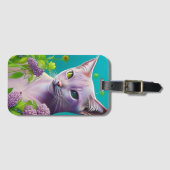 Étiquette À Bagage Lilac Chat Siamese en fleurs Lilac sur Turquoise (Devant Horizontal)