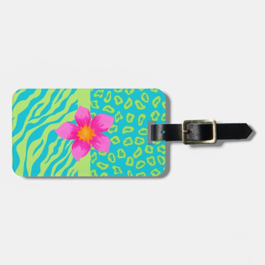 Étiquette À Bagage Lime Green & Turquoise Zebra & Cheetah Pink Flower (Devant horizontal)