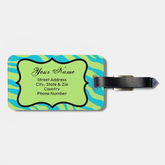 Étiquette À Bagage Lime Green & Turquoise Zebra & Cheetah Pink Flower (Dos horizontal)
