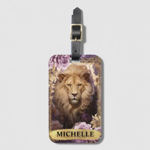 Étiquette À Bagage Lion romantique et roses violettes Fantaisie