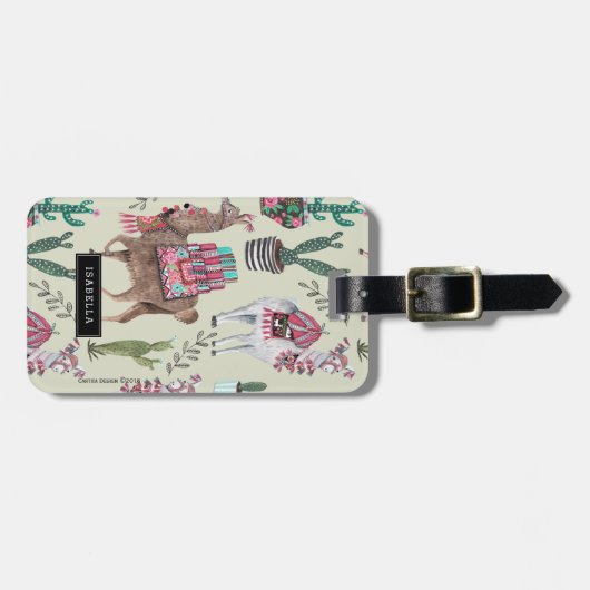 Étiquette À Bagage Llamas Cactus vert tendance | Vacances (Devant horizontal)