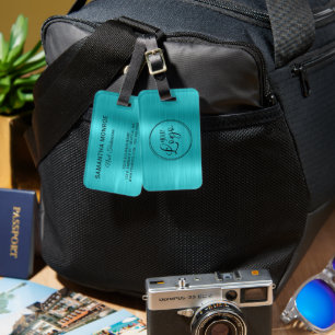 Étiquette À Bagage Logo d'entreprise Faux Turquoise Bleu Ombre Feuill