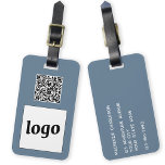 Étiquette À Bagage Logo QR Code Dusty Blue Grey Business Promotion<br><div class="desc">Logo simple et conception de code QR pour votre entreprise. Remplacez le logo, l'URL de destination du code QR et les coordonnées du nom et de l'adresse par les vôtres - ou laissez le dos vide. Modifiez la couleur arrière - plan de gris bleu poussiéreux dans l'outil de conception pour...</div>